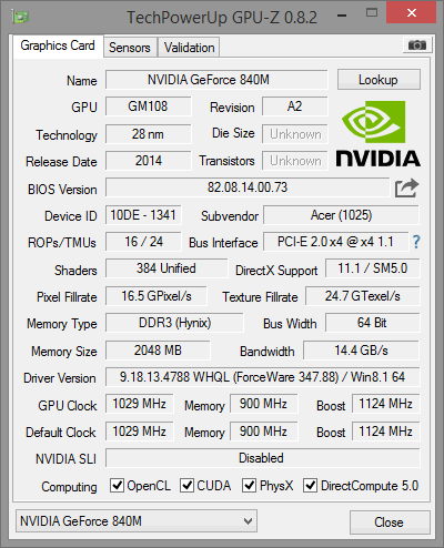 Nvidia GeForce GT 840M GPU-Z Info