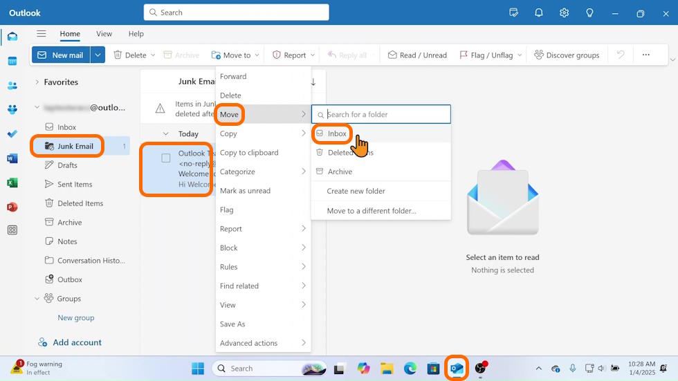 Move Email from Junk Folder to Inbox in Outlook of Windows 11